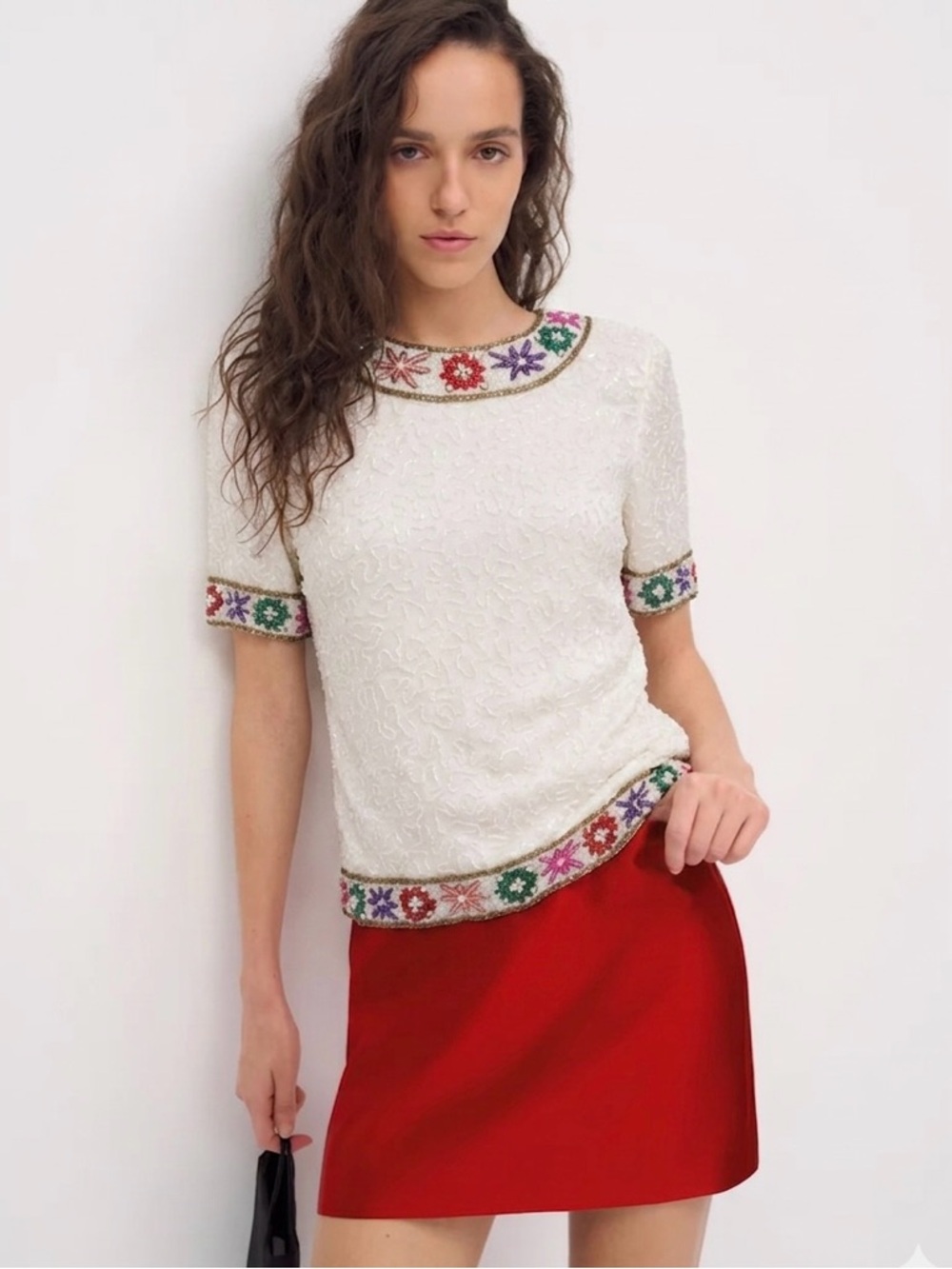 Vintage 100% Silk Embellished 80s Floral Blouse Size Small Festival Boho Party